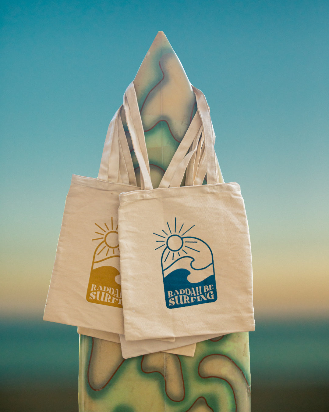 Raddah be surfing Tote bags