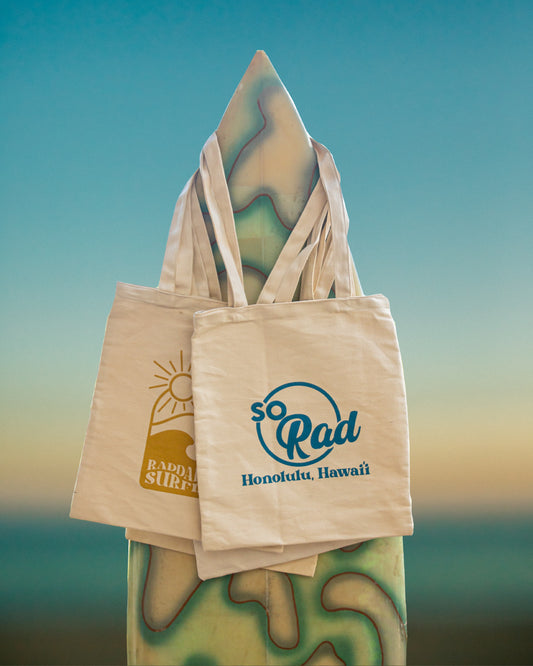 Raddah be surfing Tote bags